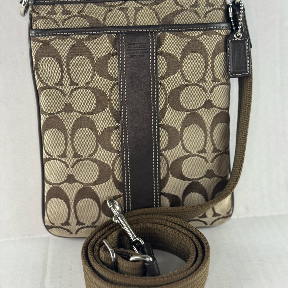 Coach Vintage Small Crossbody Bag Tan Logo Printed Canvas Brown Leather Accents.